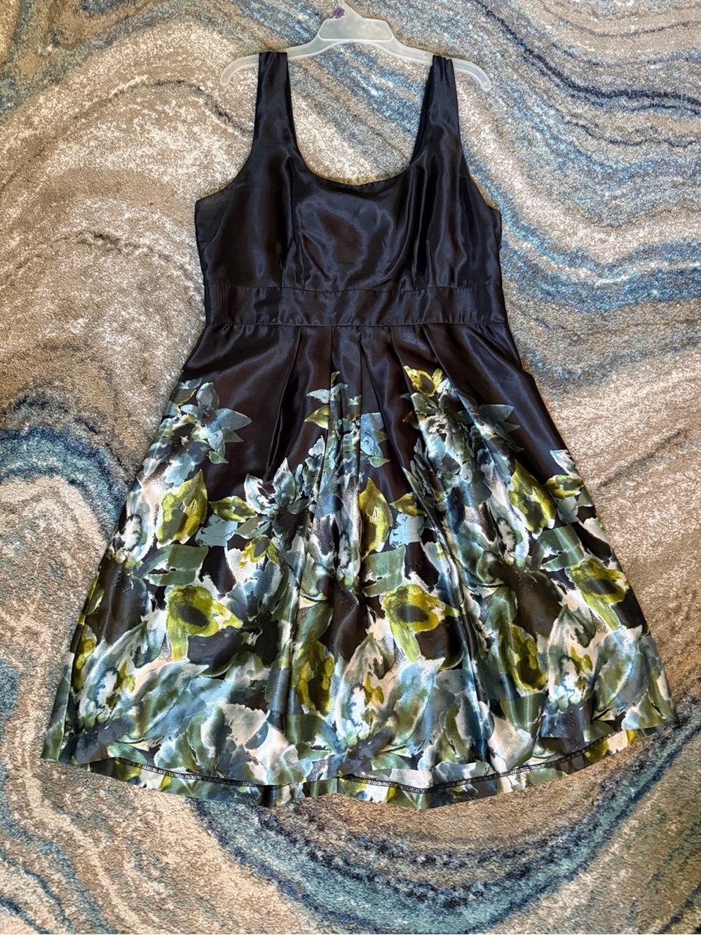 Maurices Black Floral Fit & Flare Dress with Green and Blue Accents